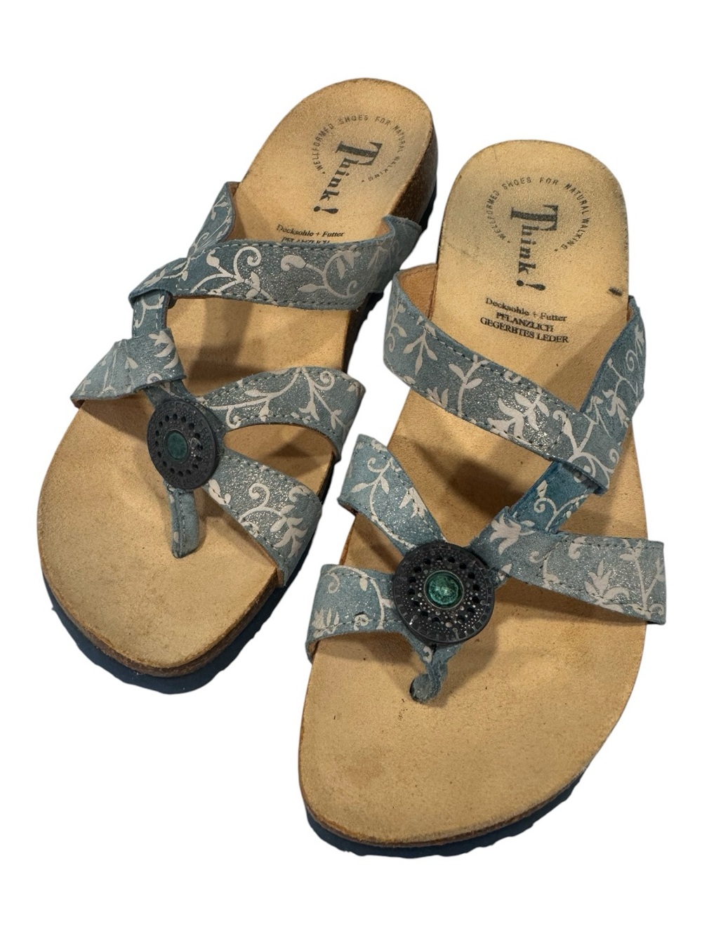 THINK! Julia walking sandal in blue and off white metallic suede leather, size 8